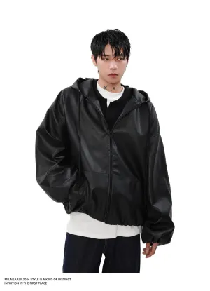 Sleek Drawstring Hooded PU Leather Jacket